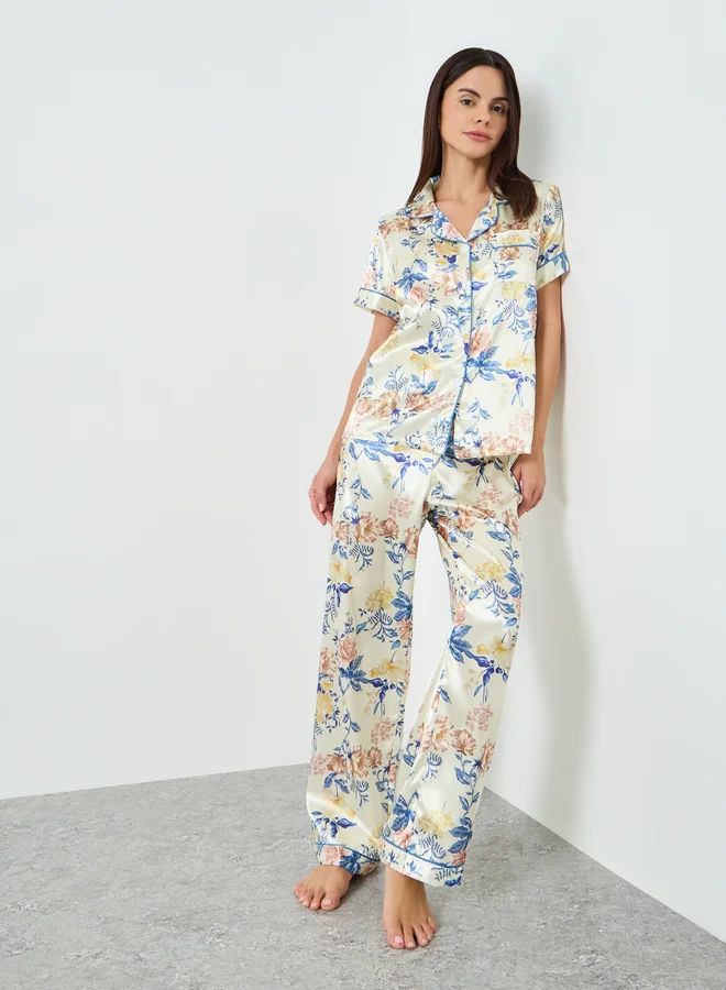 تايك تو طقم بيجامة نسائي قصير الأكمام بطبعة زهور